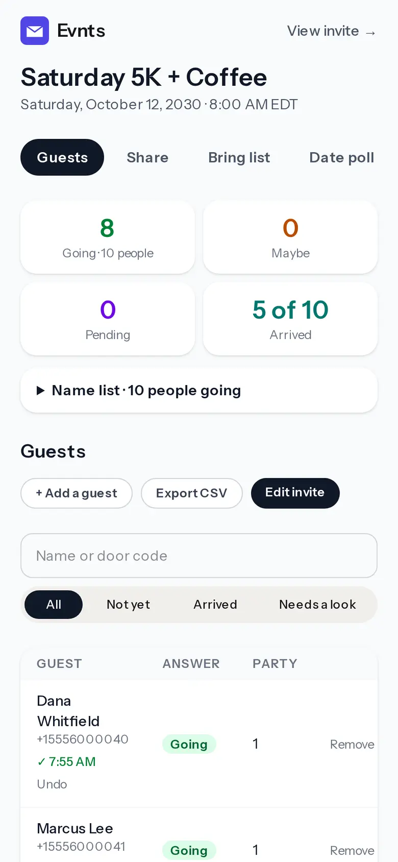 The host dashboard for the Saturday 5K: 10 people going, 5 of 10 arrived, search by name or door code