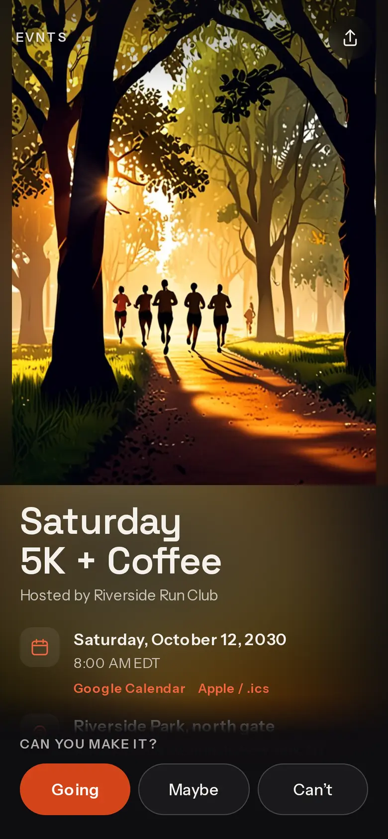 The Saturday 5K + Coffee invite from Riverside Run Club with Going, Maybe and Can't buttons