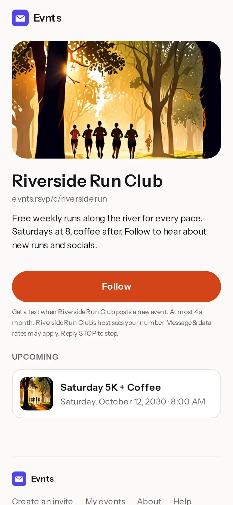 The Riverside Run Club community page with a Follow button and the upcoming Saturday 5K