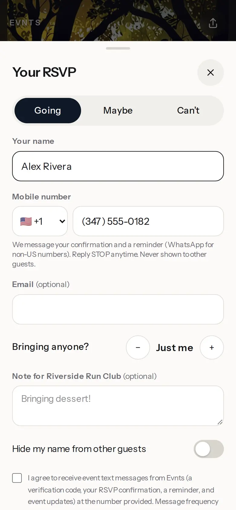 The RSVP sheet on the Saturday 5K invite: Going, name, mobile number and plus-ones