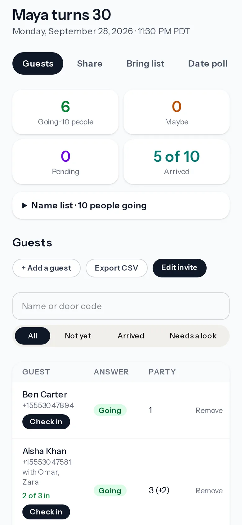 The host dashboard on the night: who is going, 5 of 10 arrived, search by name or door code, and a Check in button on each guest