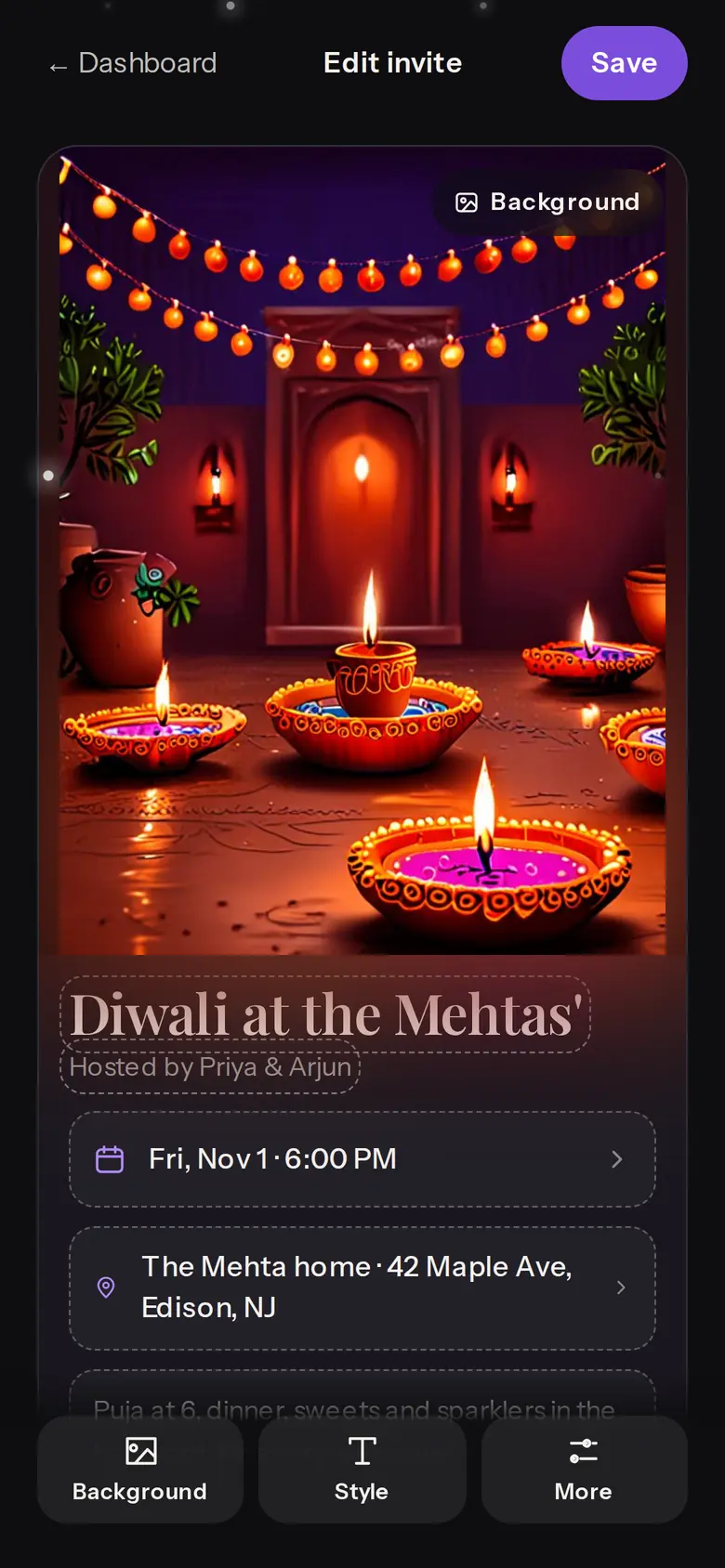 The card editor on the Diwali invite: the diya cover, the title, date and place, and Background, Style and More