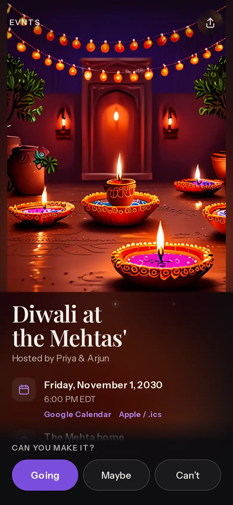 A Diwali invite, “Diwali at the Mehtas'”, with a cover of glowing diyas and string lights and Going, Maybe and Can't buttons