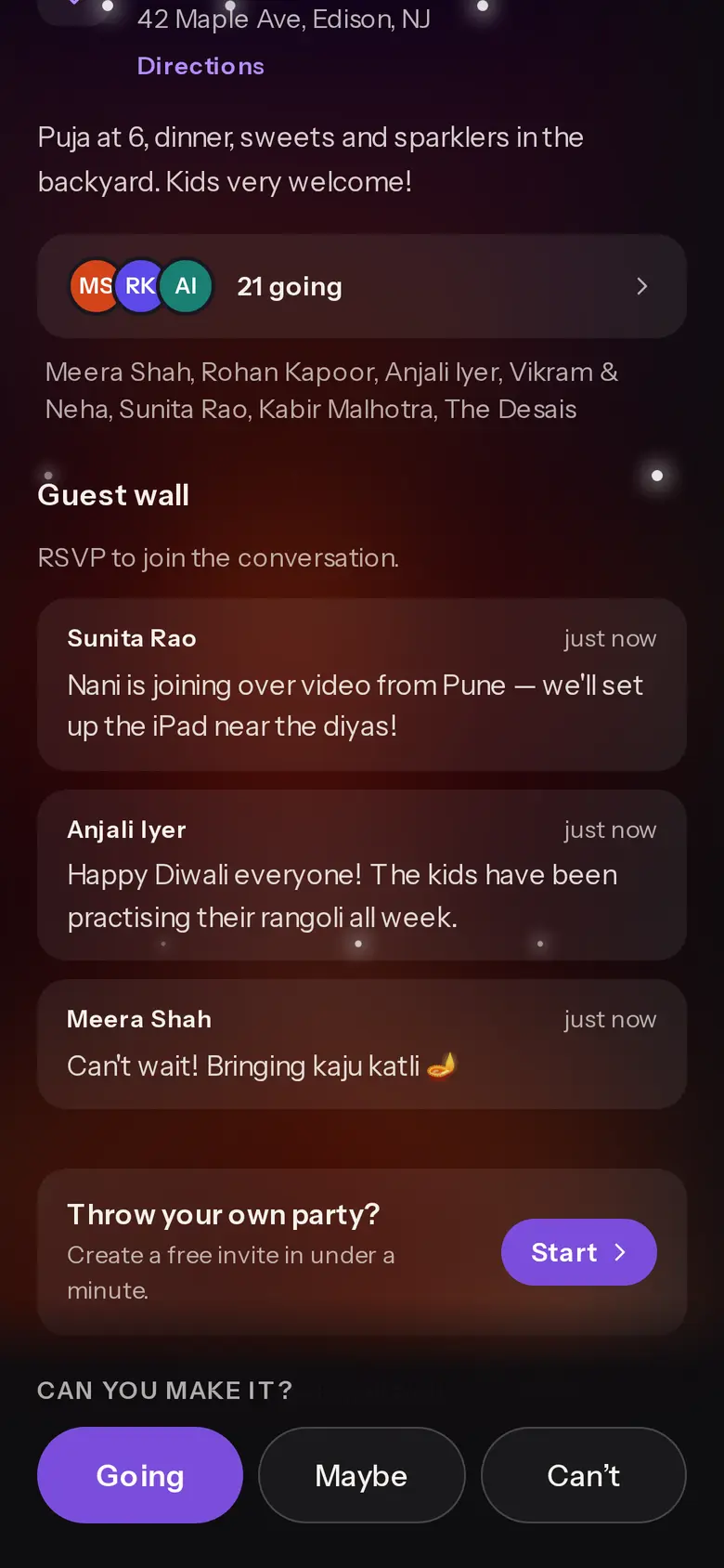 The Diwali invite's guest list, 21 going, and a guest wall with notes from family