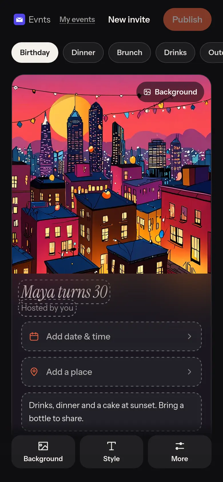 The card editor with a birthday template and illustrated rooftop cover
