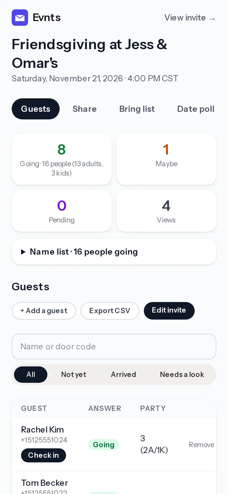 The host dashboard for the Friendsgiving dinner: 8 going, 16 people with 3 kids, 1 maybe, and the guest list
