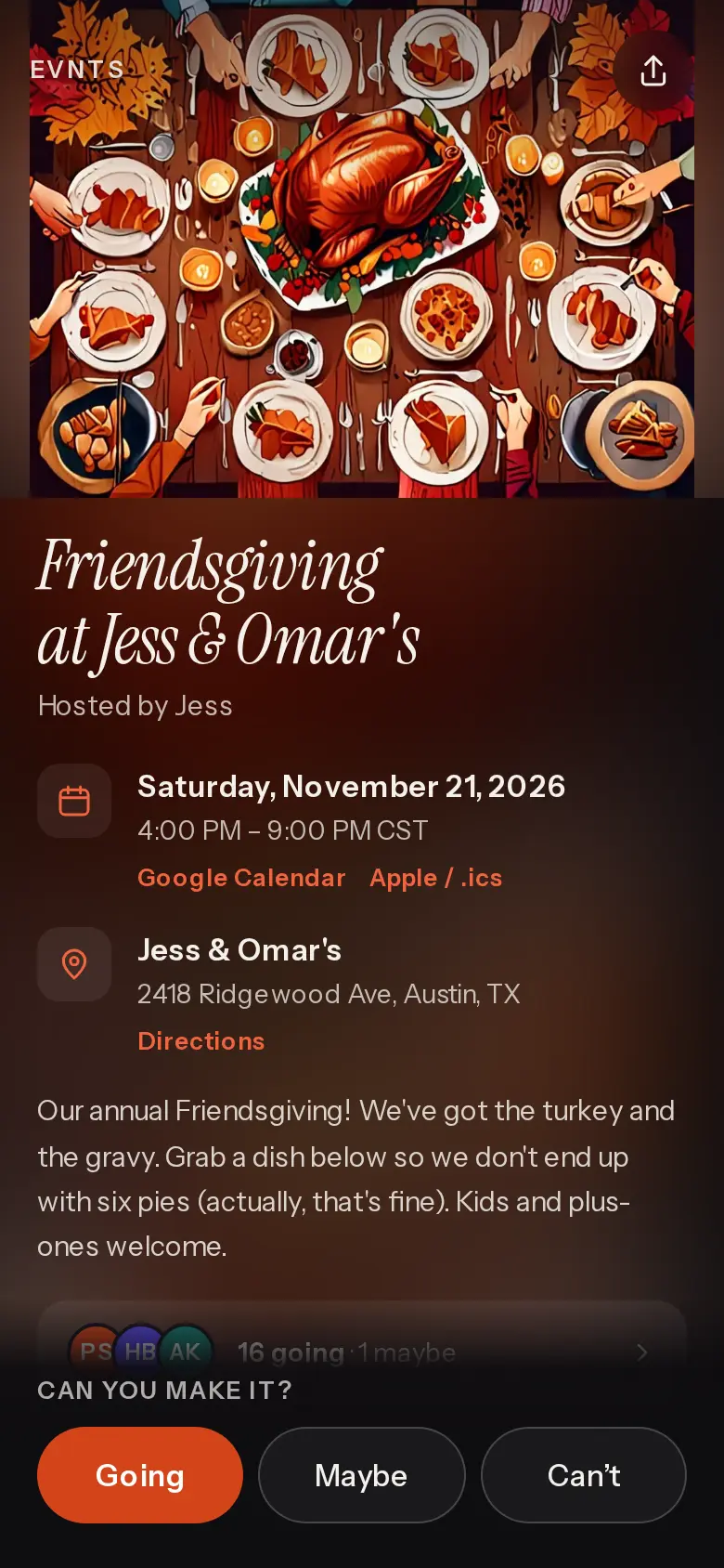 A Friendsgiving invite, “Friendsgiving at Jess & Omar's”, with a painted cover of a turkey dinner table, the date and the place