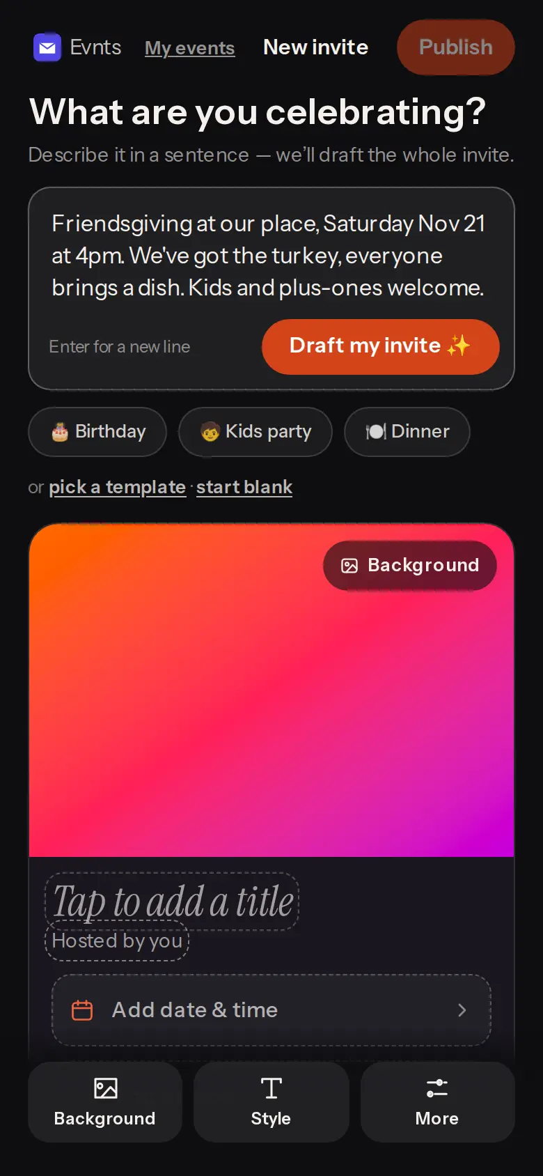 The create screen with a one-sentence Friendsgiving description typed in