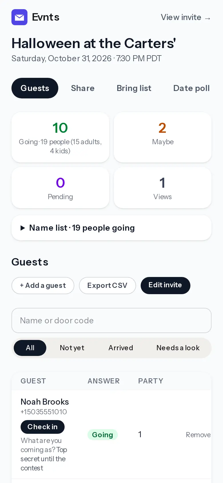 The host dashboard for the Halloween party: 10 going, 19 people with 4 kids, and each guest's costume answer on the guest list