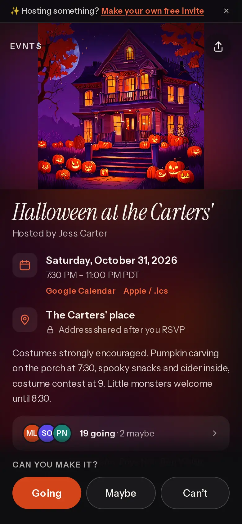 A Halloween invite, “Halloween at the Carters'”, with a cover of a glowing house and jack-o'-lanterns, 19 going, and Going, Maybe and Can't buttons
