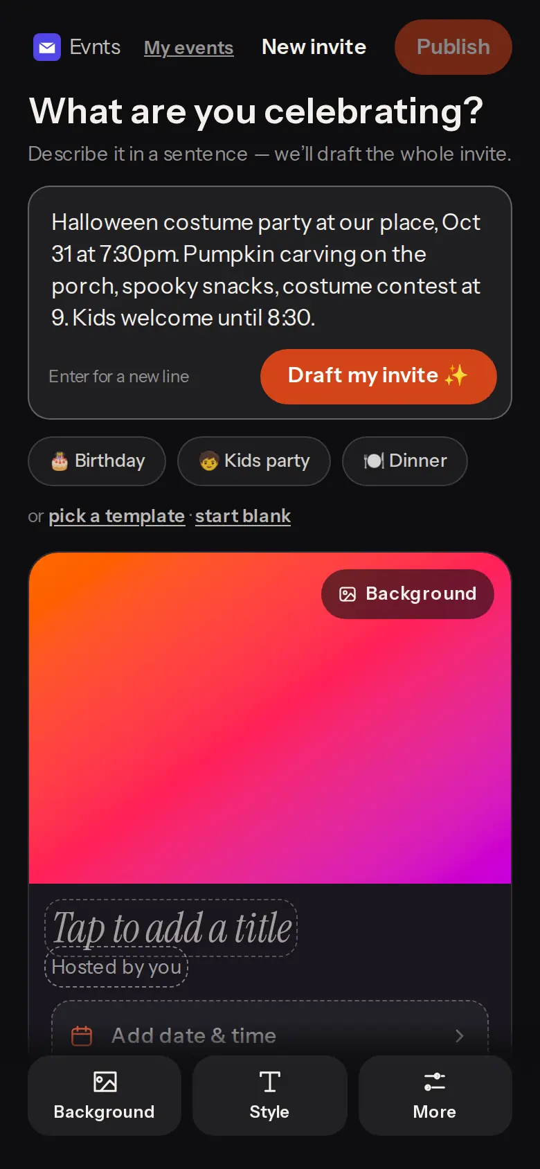 The create screen with a one-sentence Halloween costume party description typed in