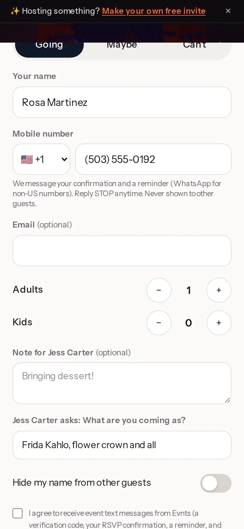 The RSVP sheet on the Halloween invite: name, mobile number, adults and kids, and the host's question “What are you coming as?” answered “Frida Kahlo, flower crown and all”