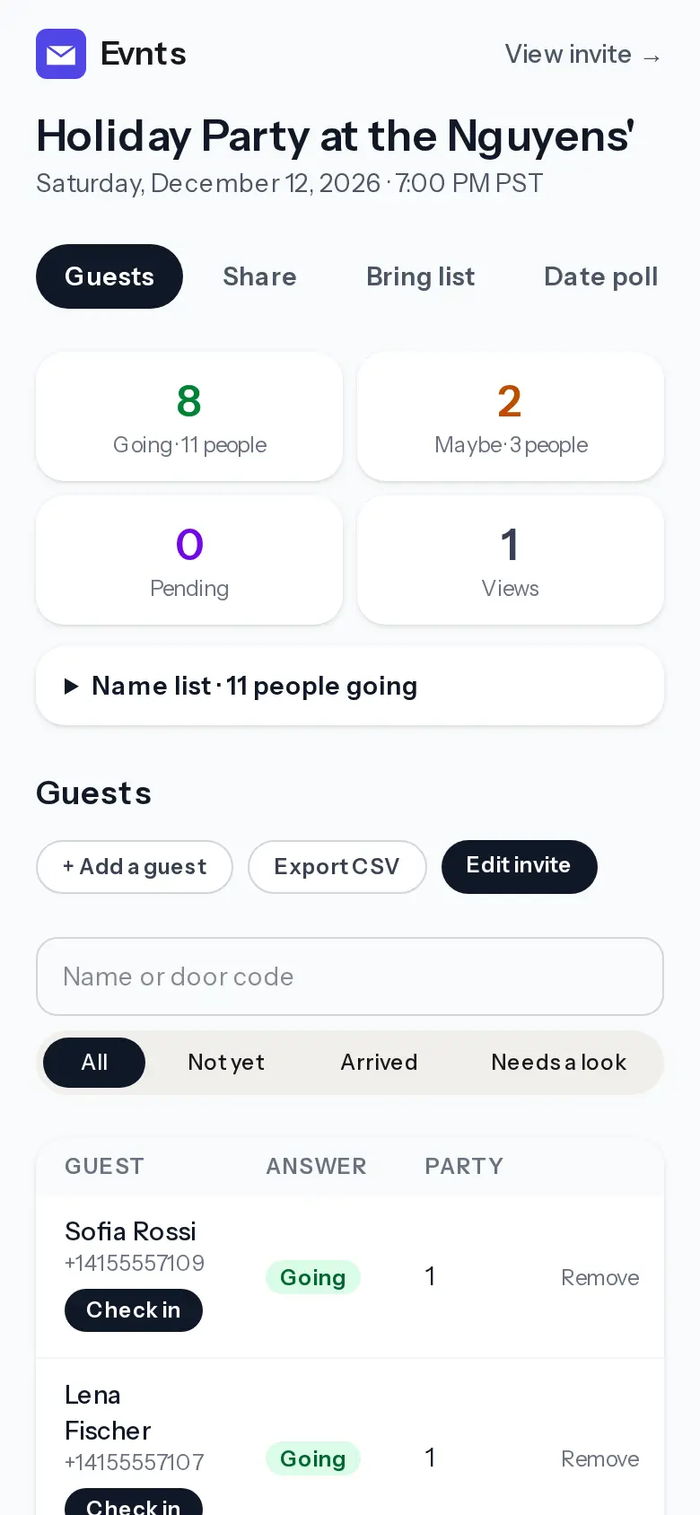 The host dashboard for the holiday party: 8 going, 11 people, 2 maybe, and the Guests, Share, Bring list and Date poll tabs