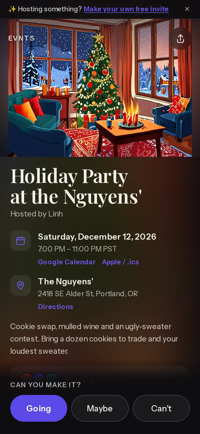 A holiday party invite, “Holiday Party at the Nguyens'”, with a painted cover of a living room with a decorated tree, the date, the place and Going, Maybe and Can't buttons