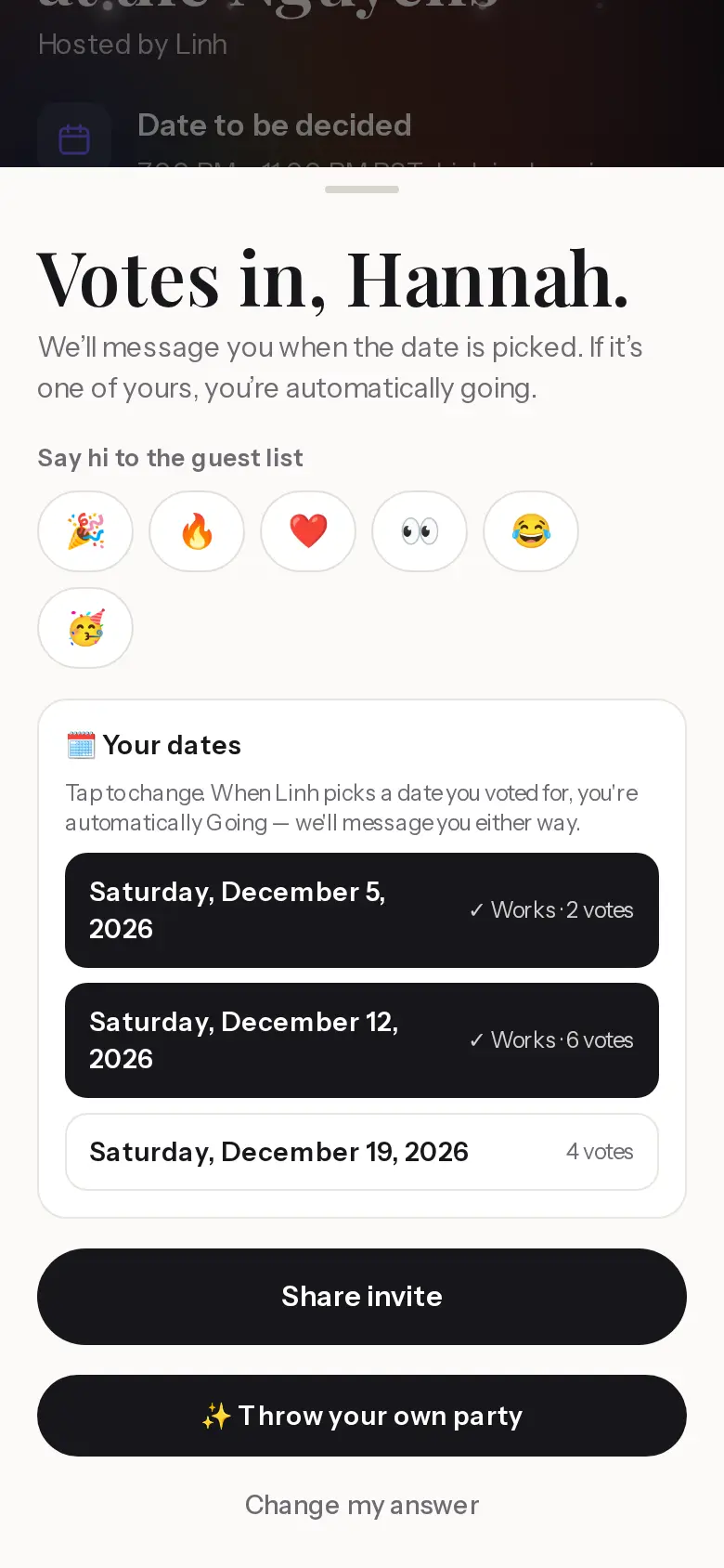 A guest's date poll for the holiday party: December 5 and 12 ticked as working, with 2, 6 and 4 votes for the three Saturdays