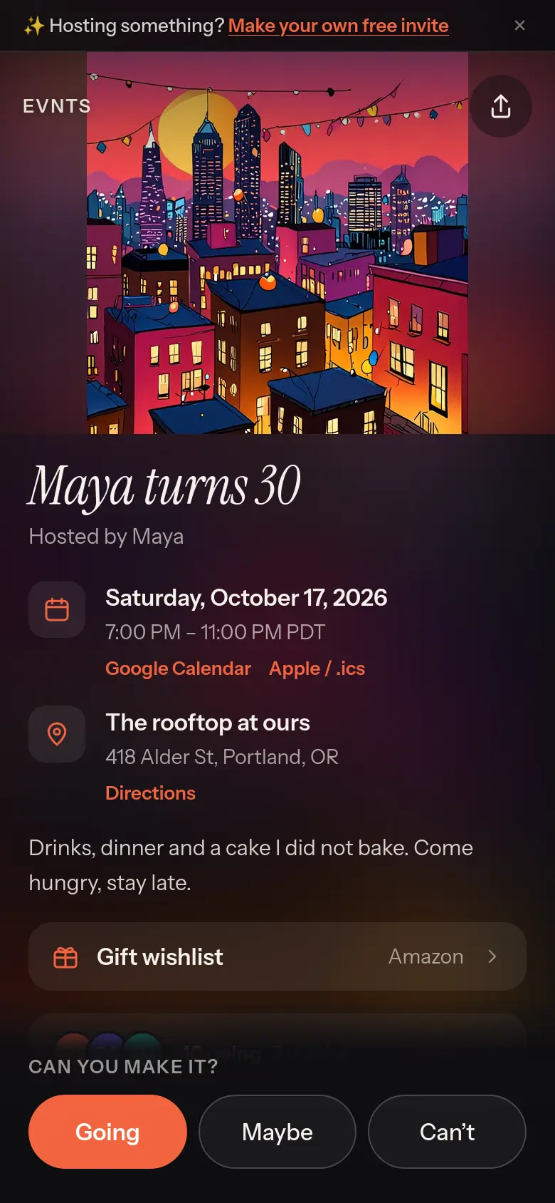 An Evnts invite for “Maya turns 30” with date, place, wishlist and RSVP buttons