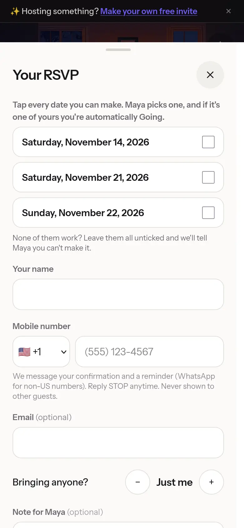 A date poll: guests tick every date they can make