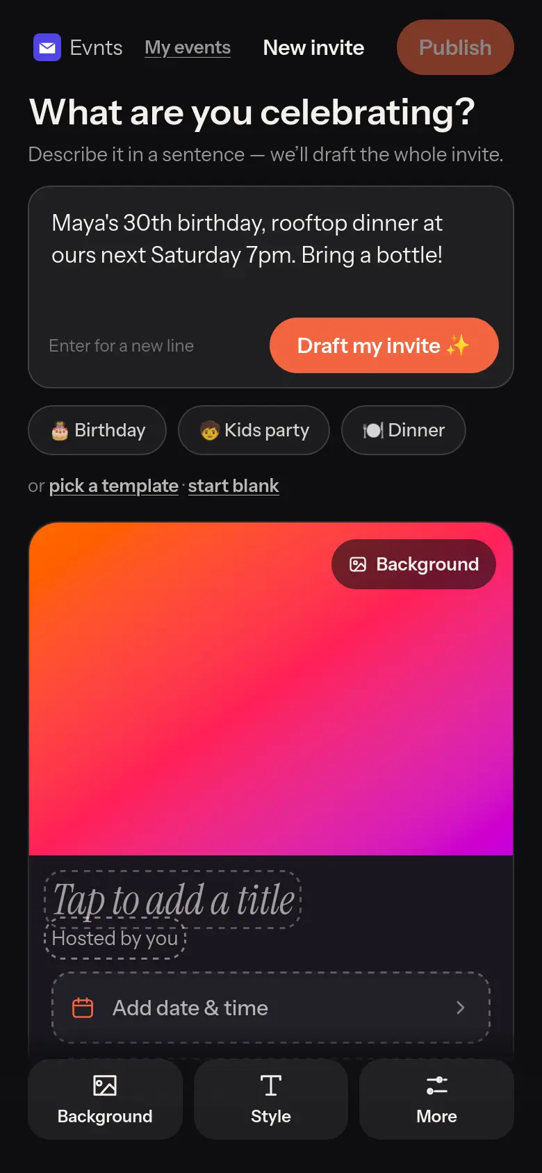 The create screen with a one-sentence description typed in