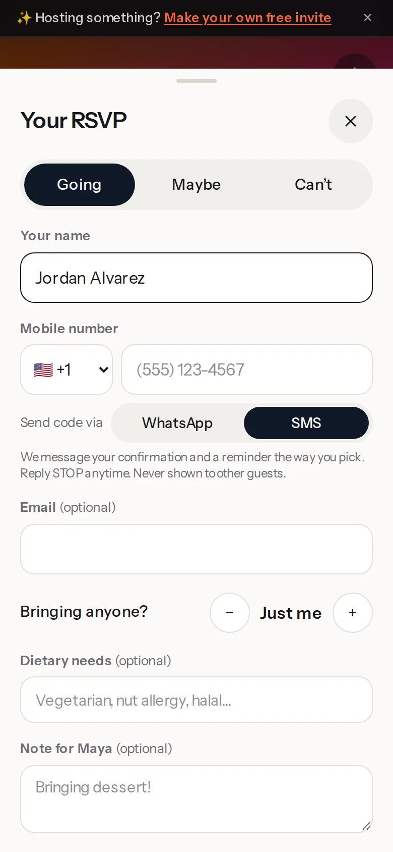 The RSVP sheet: Going, Maybe or Can't, name, mobile number and plus-ones