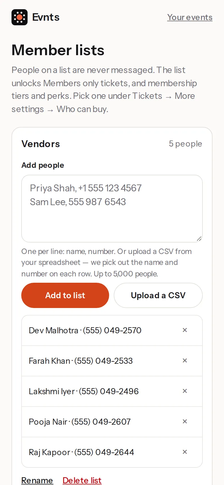A member list called Vendors with each stall holder's name and number