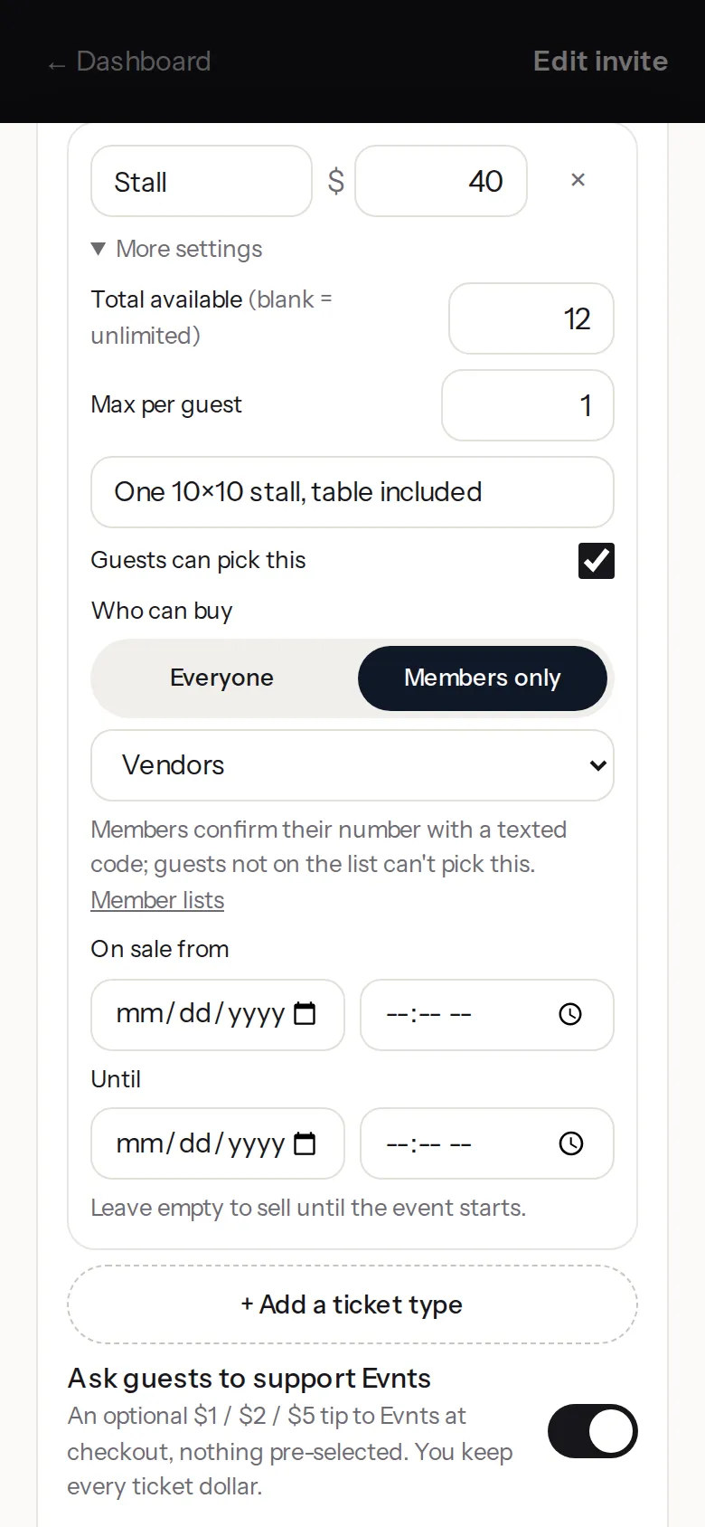 The Tickets settings with a Stall ticket type: its price, the number of stalls, 1 per guest, and Who can buy set to Members only with the Vendors list