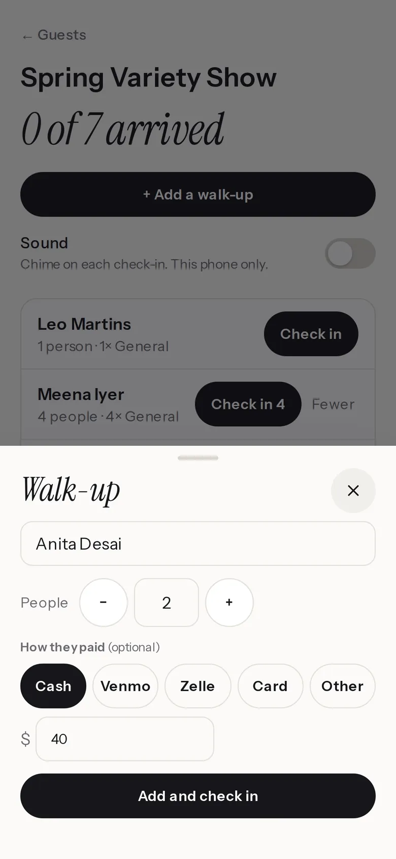 The Walk-up sheet on the door list: a walk-up's name, 2 people, Cash picked under How they paid, $40 as the amount and the Add and check in button