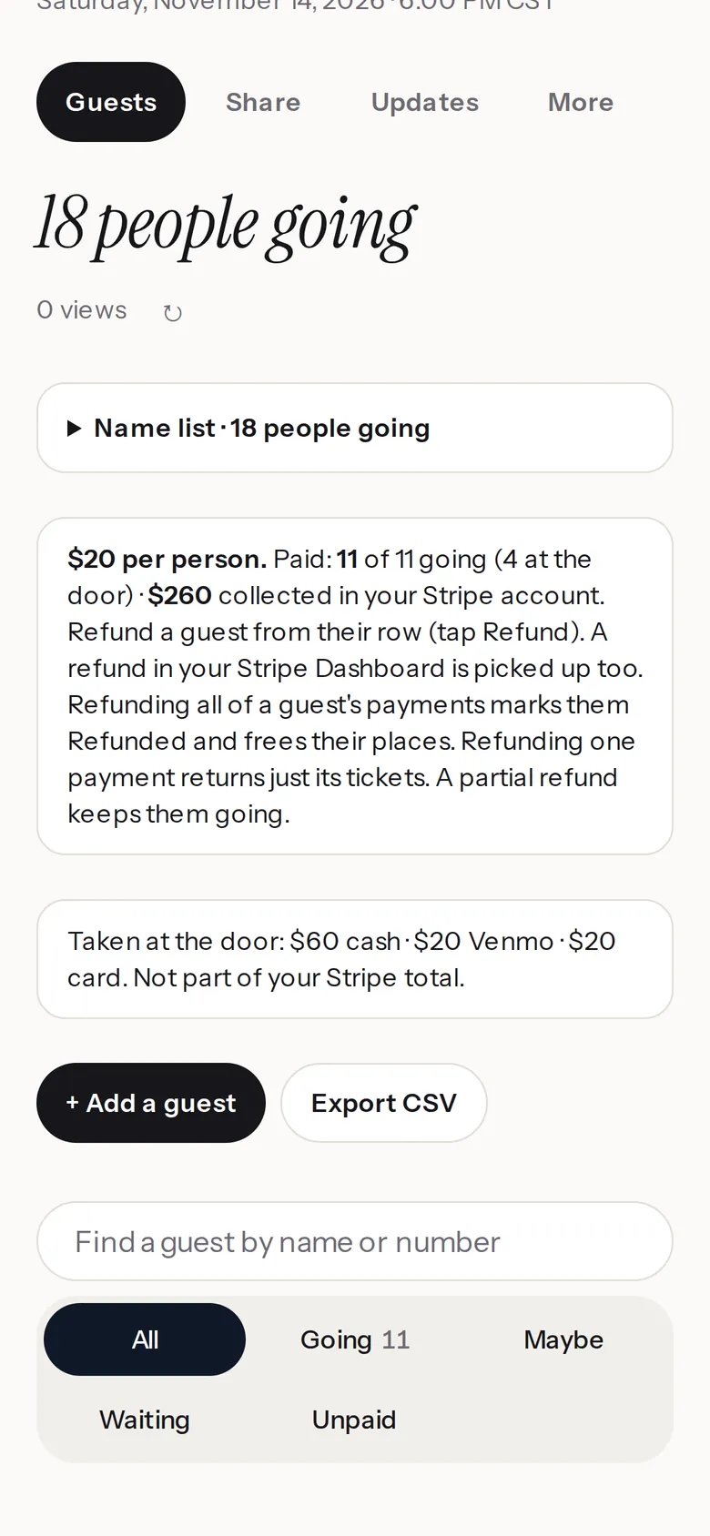 The Guests tab for a paid community show with the line “Taken at the door: $60 cash · $20 Venmo · $20 card”, kept apart from the Stripe total