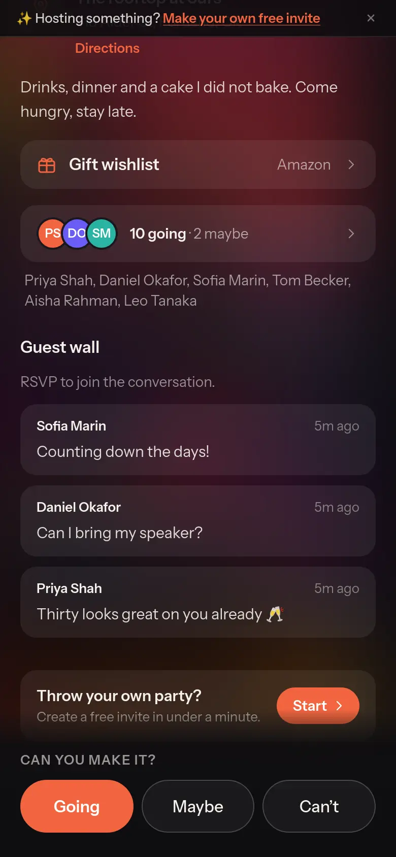 The invite's guest list and guest wall with comments from friends